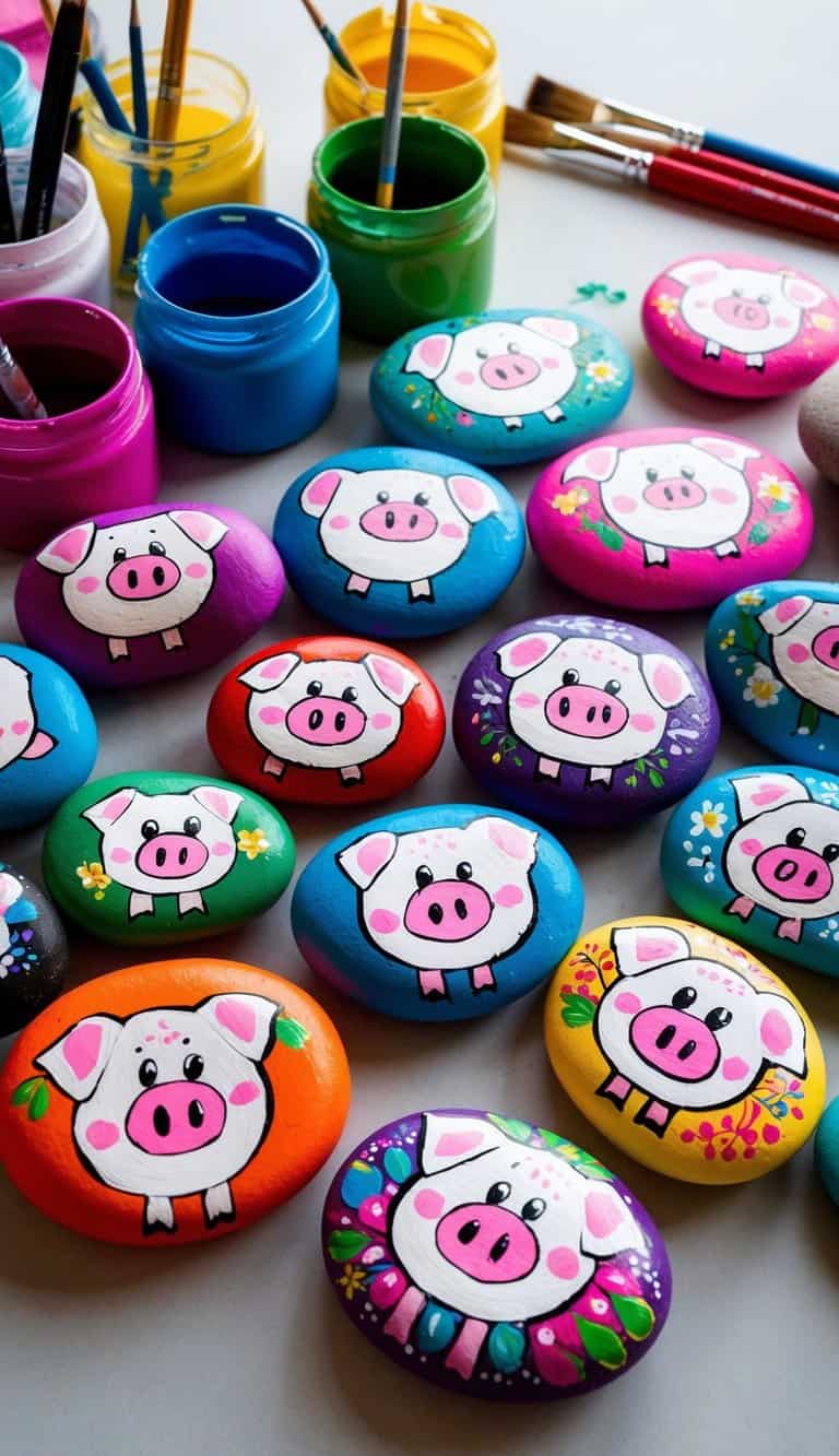 Colorful painted rocks featuring cartoon pig faces, surrounded by jars of paint and paintbrushes on a table.
