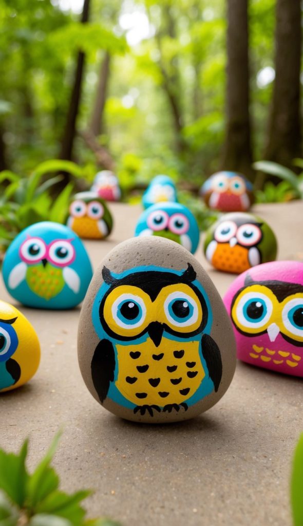 Several rocks painted with colorful owl faces are arranged on a path in a forest setting, with greenery and trees in the background.