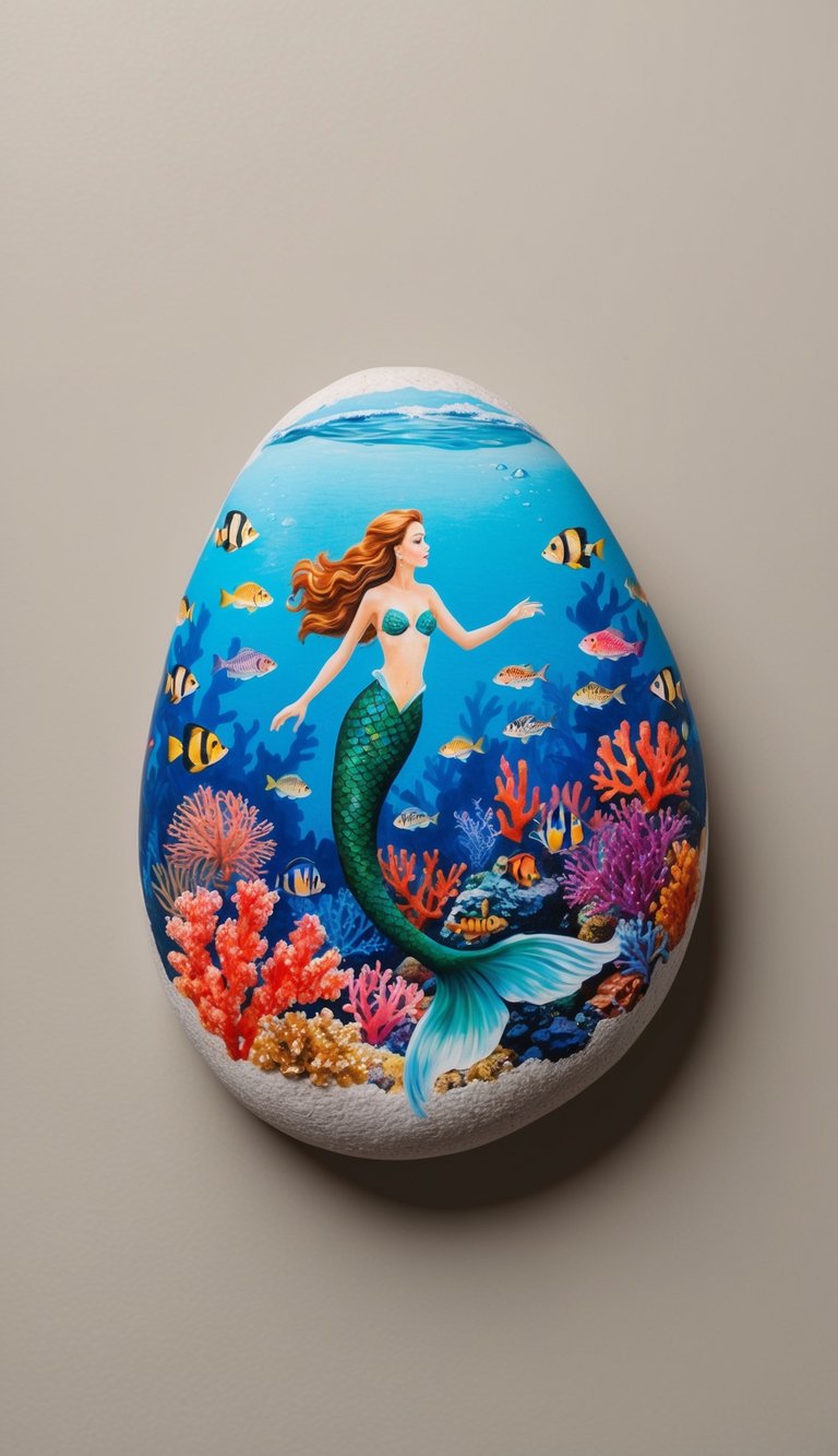 A painted rock featuring a mermaid swimming among colorful fish and coral in an underwater scene.
