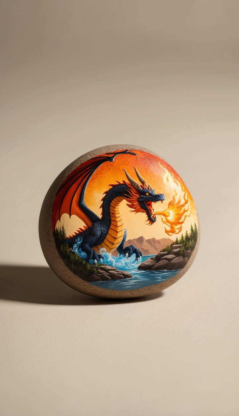 A round stone painted with a black and red dragon breathing fire over a river, with mountains and trees in the background.