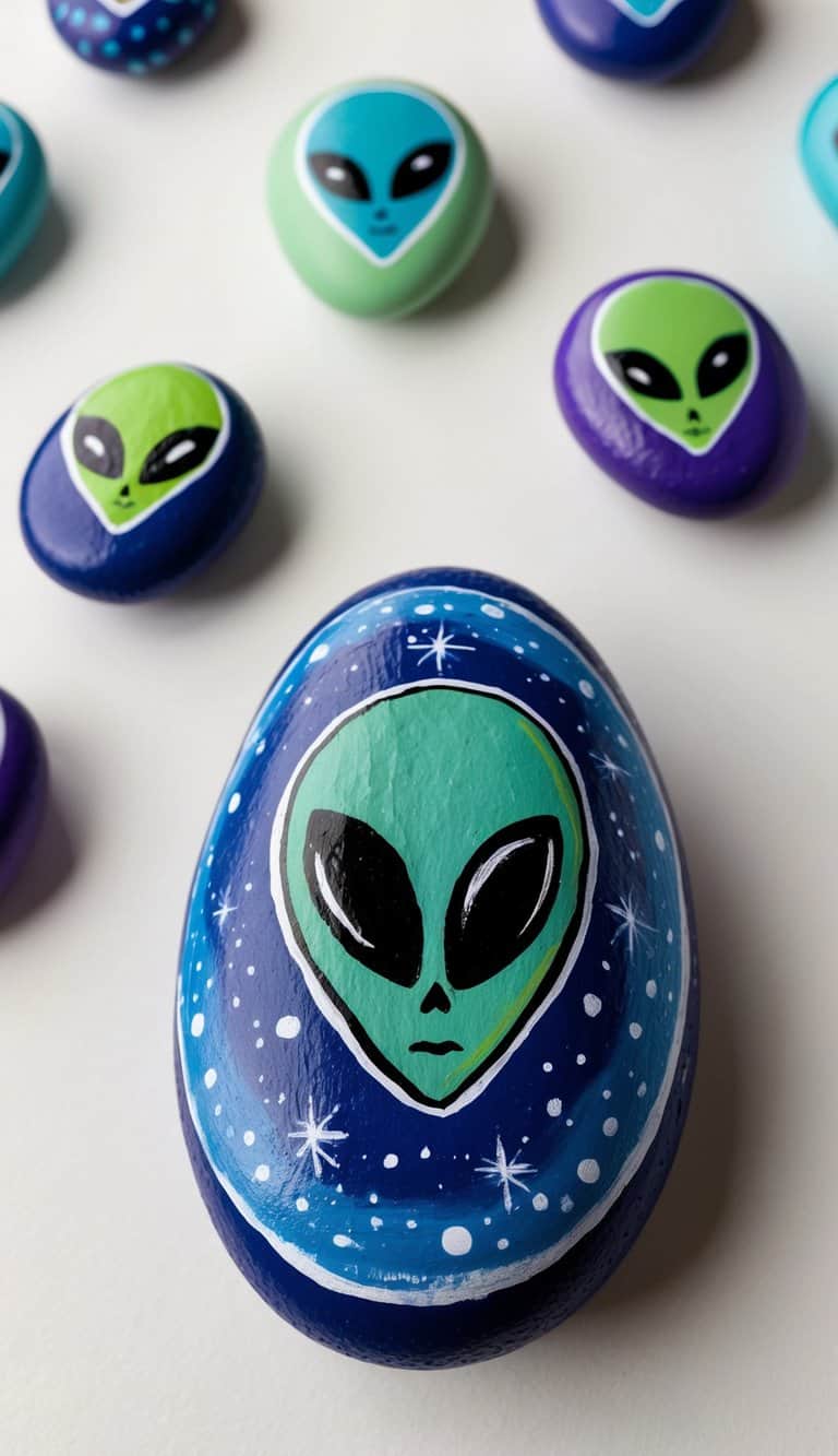 Painted rocks with alien faces in green and blue tones are arranged on a white surface, with one larger, detailed rock in the foreground.