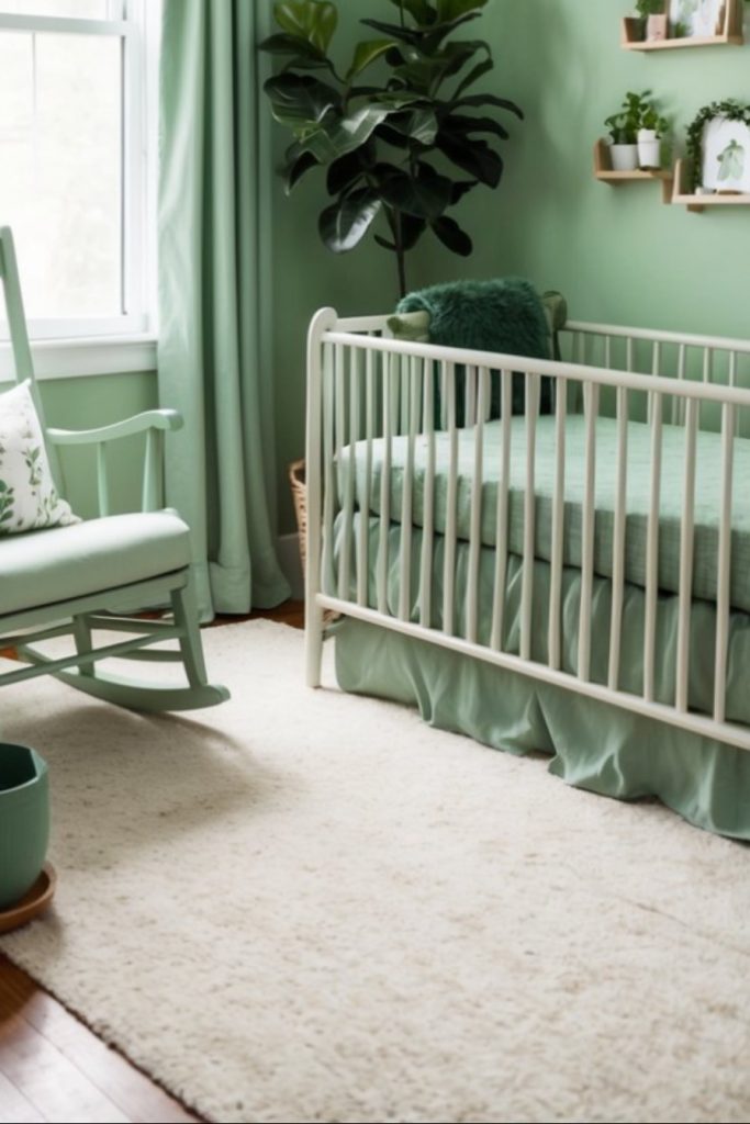 A green-themed nursery features a crib, a rocking chair, a potted plant, shelves with decor, and a large window with green curtains.