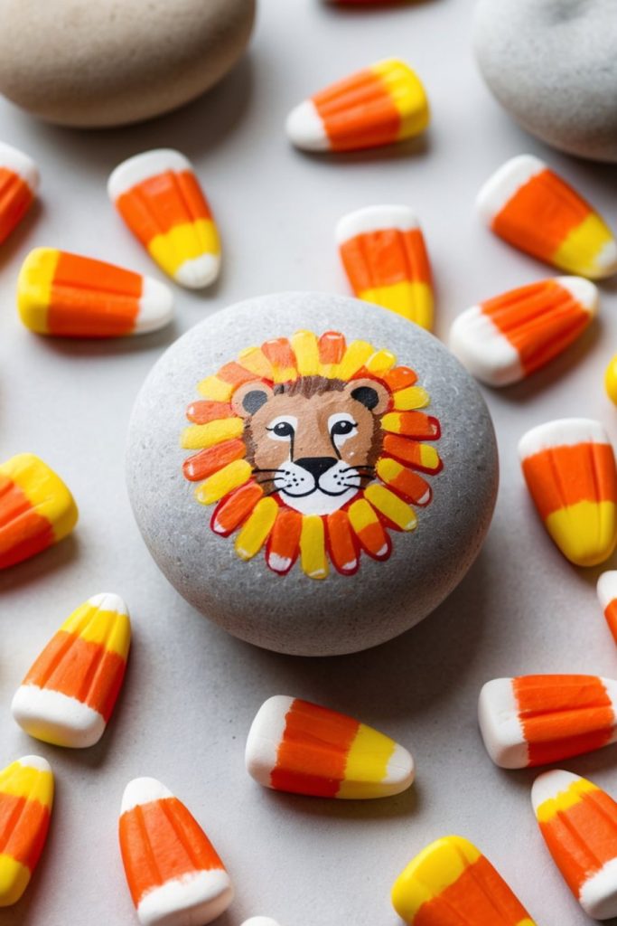 A round stone painted with a lion's face and mane is surrounded by scattered pieces of candy corn on a light surface.
