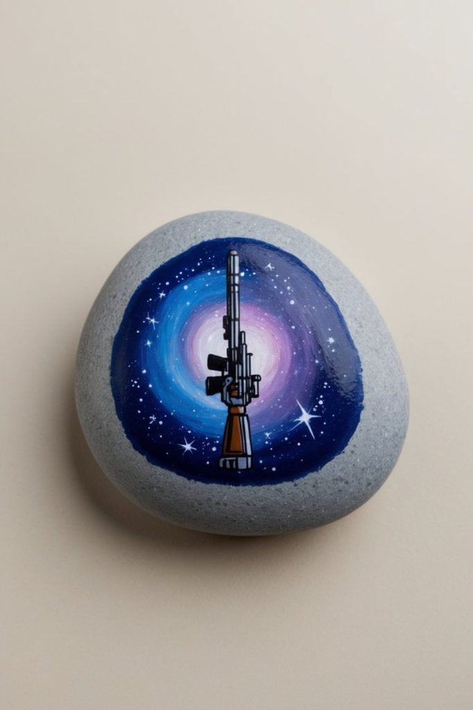 A gray stone with a painted sniper rifle over a swirling galaxy background, featuring stars and shades of blue, purple, and white.