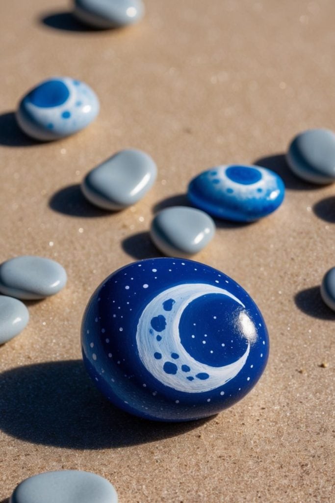A blue stone painted with a white crescent moon and dots lies on sand, surrounded by other blue and light gray stones.