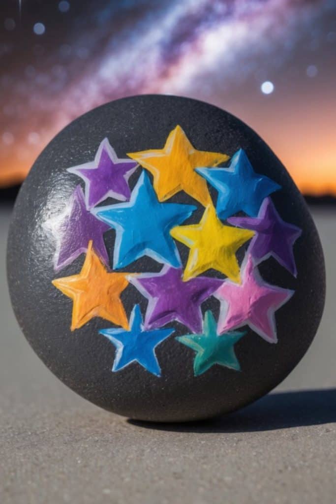 A smooth, dark stone with colorful painted stars rests on sand, with a starry night sky and Milky Way visible in the background.