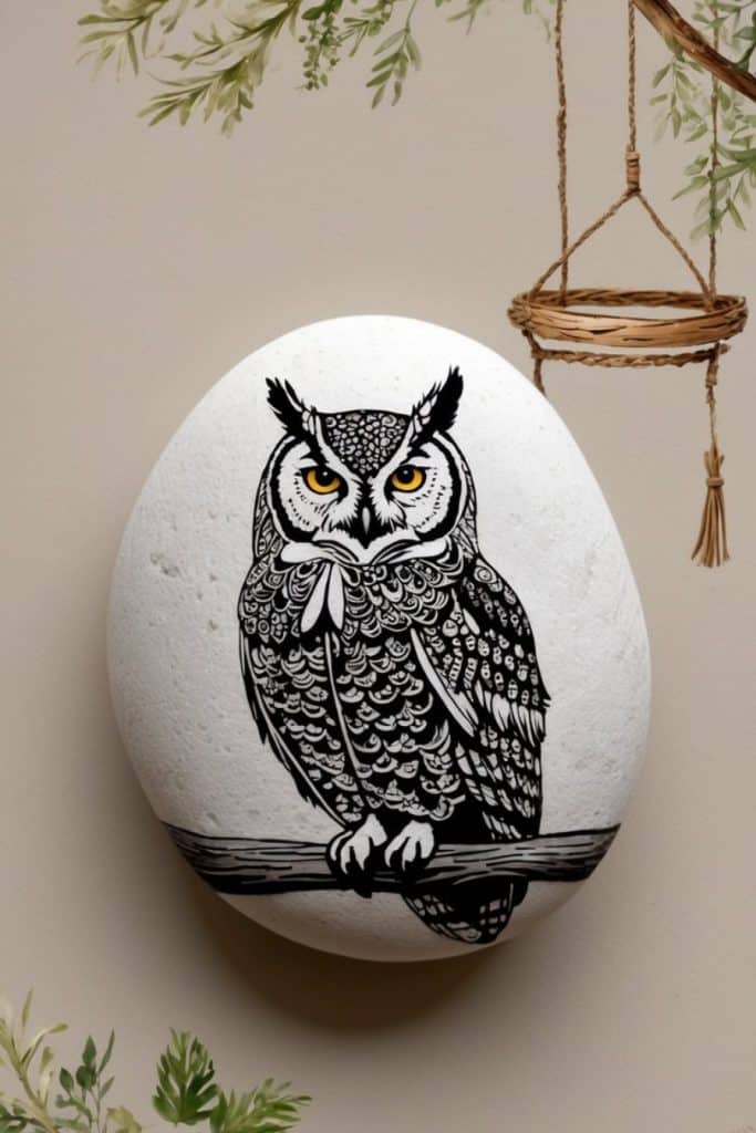 A white stone with a black and white illustration of an owl perched on a branch, set against a neutral background with hanging wicker decor and leafy accents.