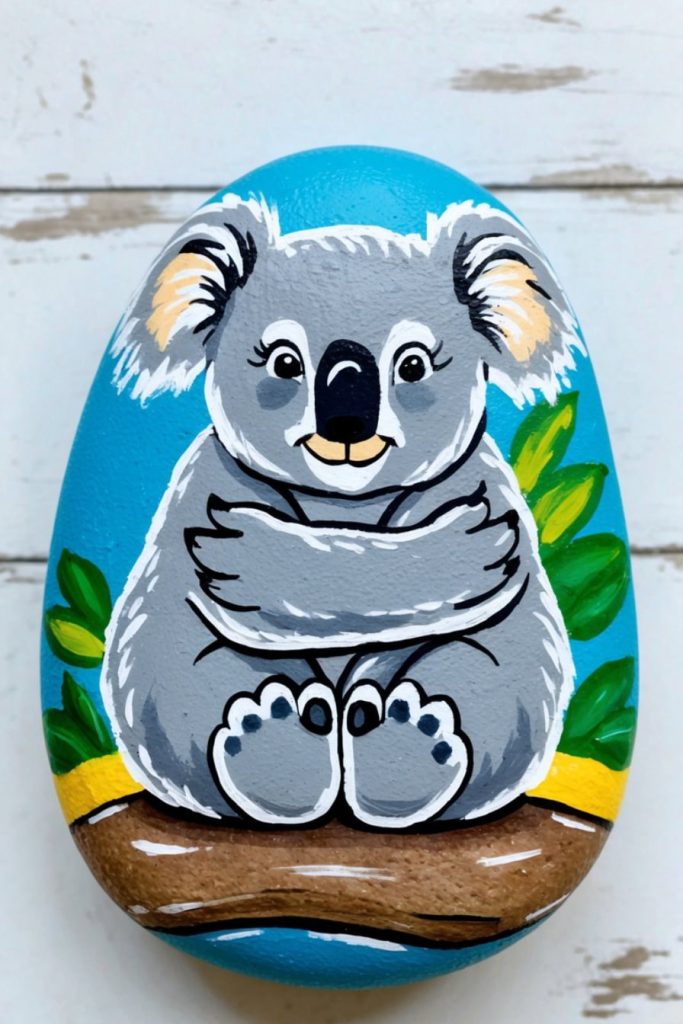A painted rock features a cartoon-style koala sitting on a branch with green leaves, set against a blue background.