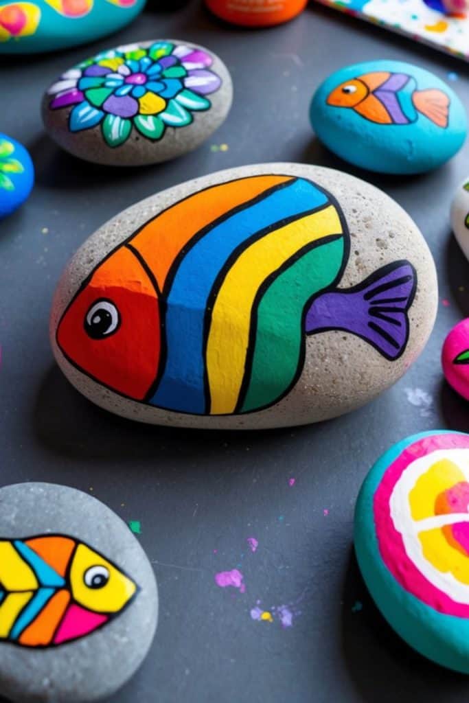 Several smooth stones are painted with colorful designs, including fish and flower patterns, displayed on a dark surface.
