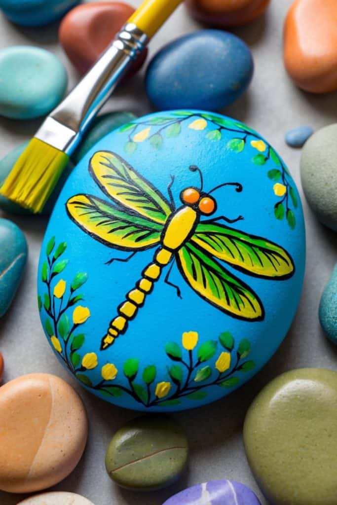 A blue stone painted with a yellow and green dragonfly and floral accents, surrounded by colorful pebbles and a paintbrush with yellow paint.