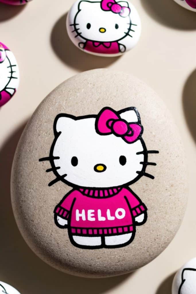 A smooth stone painted with Hello Kitty wearing a pink sweater that says "HELLO," surrounded by smaller stones with similar Hello Kitty designs.