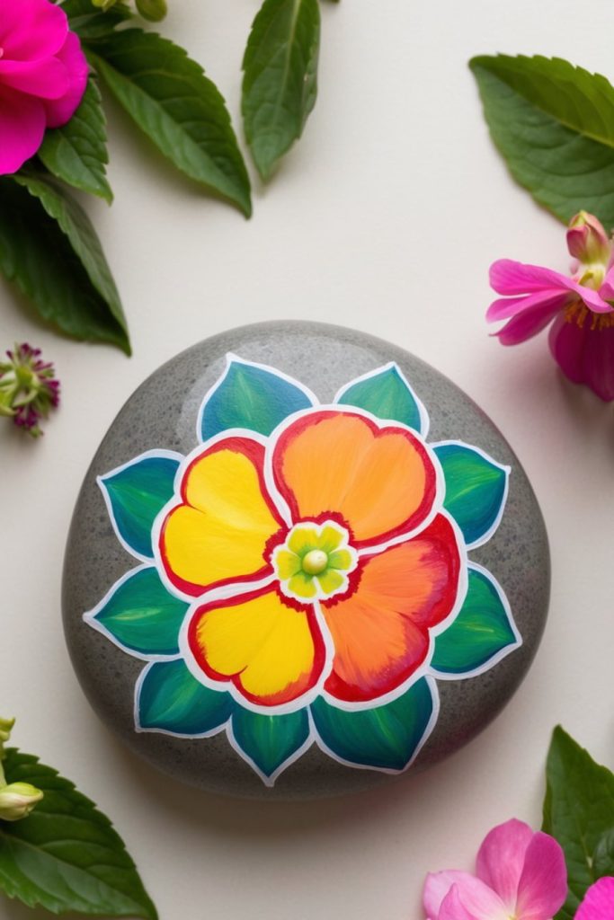 A smooth stone painted with a bright red, yellow, and orange flower design, surrounded by green leaves and assorted real flowers on a light surface.