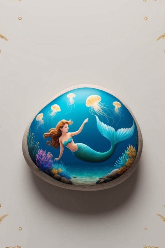 A painted rock featuring an underwater scene with a mermaid, jellyfish, coral, and sea plants against a blue background.