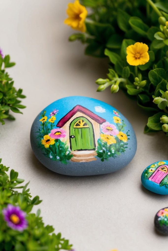 A smooth stone painted with a green door, red roof, and colorful flowers, surrounded by green leaves and yellow blossoms.