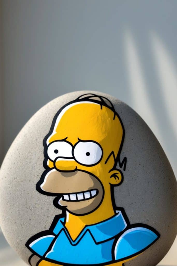 A smooth stone is painted with a cartoon depiction of a bald man wearing a blue shirt, resembling a character from The Simpsons.