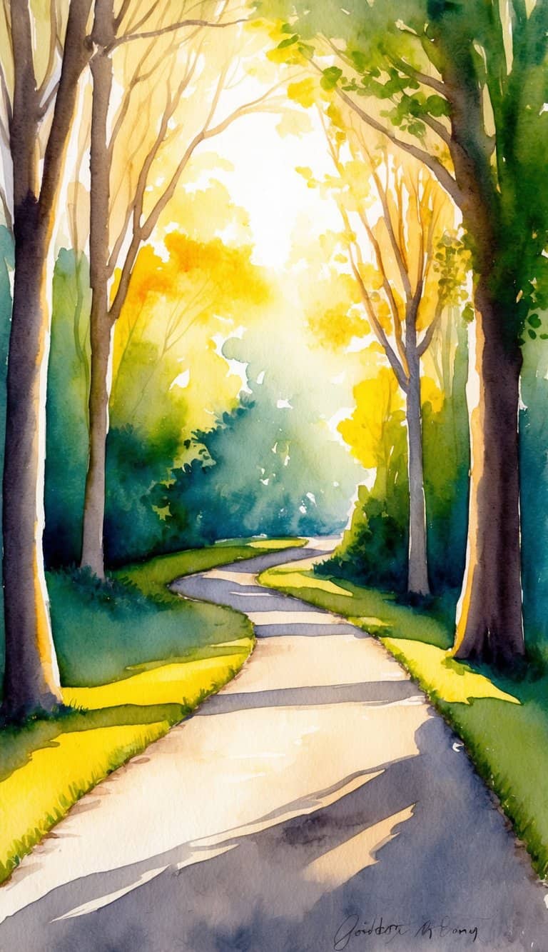 A winding path through a lush forest at sunset, with golden light filtering through the trees and casting long shadows on the ground