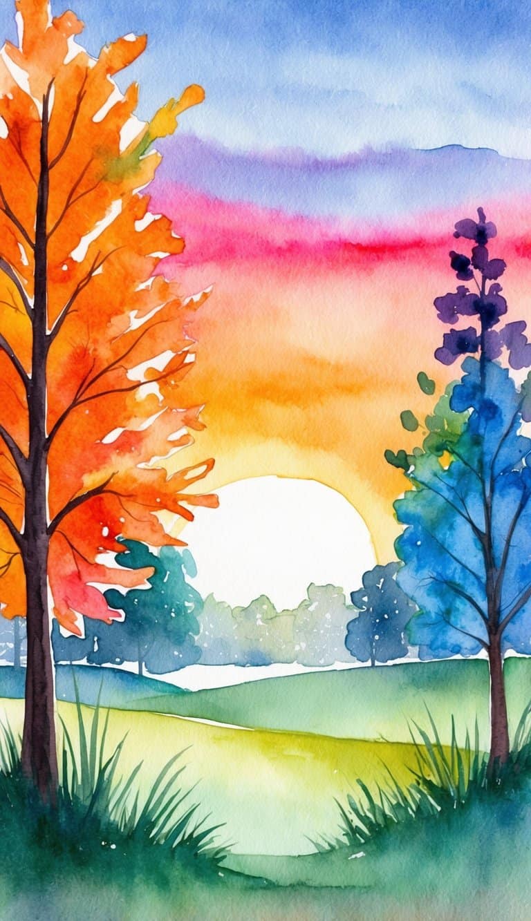 A serene autumn evening with a vibrant sunset and colorful leaves, perfect for iPhone wallpapers