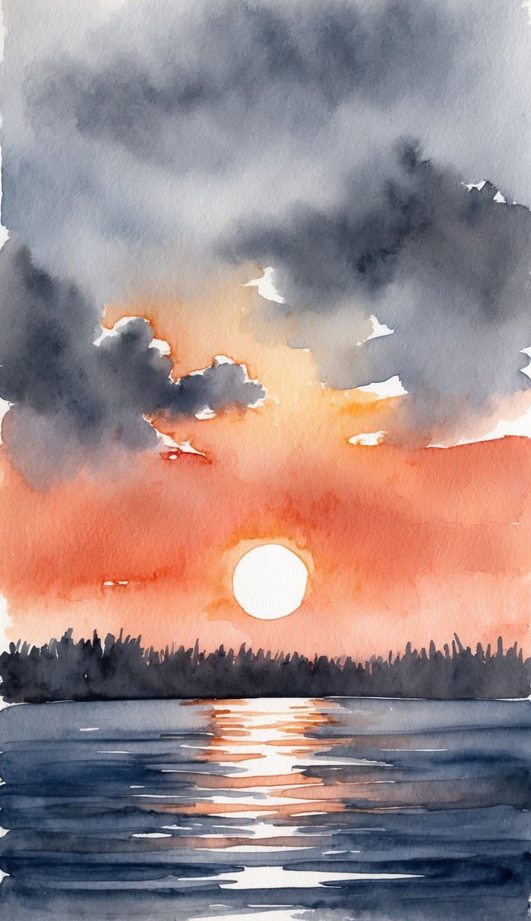 A cloudy sunset over a calm body of water, with the sun casting a warm orange glow across the sky