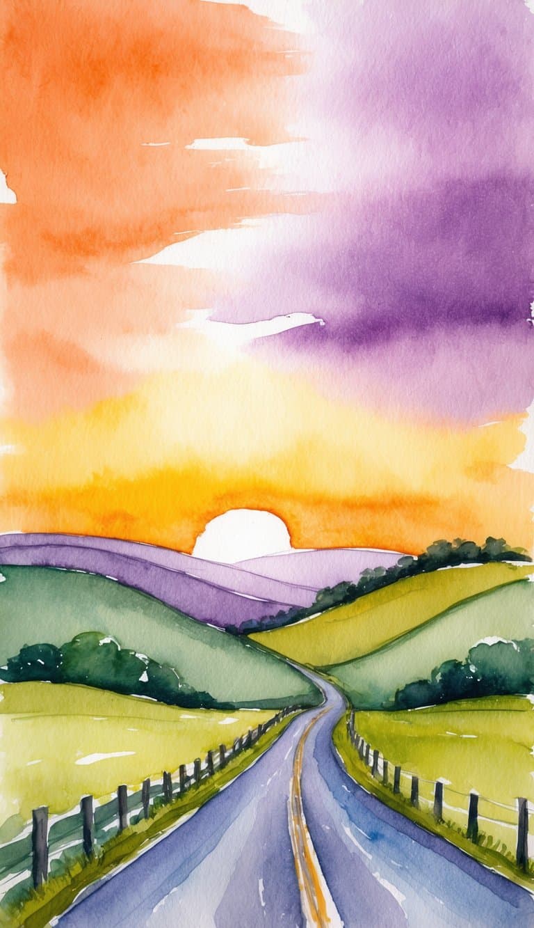 A serene rural horizon at sunset with rolling hills, a winding country road, and a colorful sky fading from orange to purple