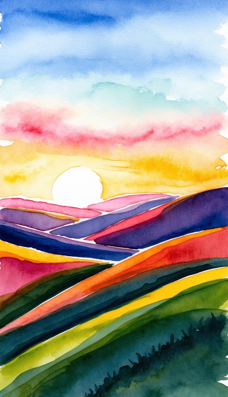 Rolling hills at sunset with vibrant colors and a clear sky