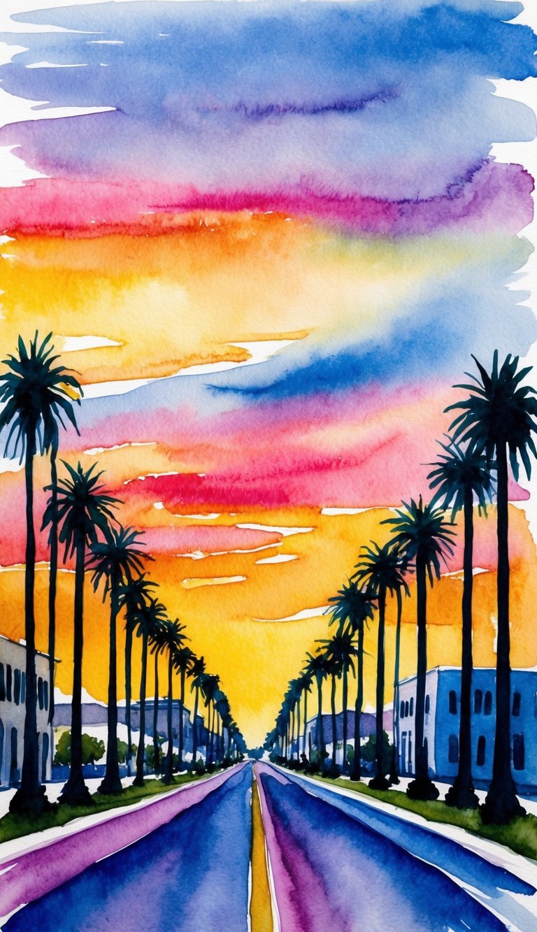 A vibrant sunset over a palm-lined boulevard, with the silhouette of buildings and palm trees against the colorful sky