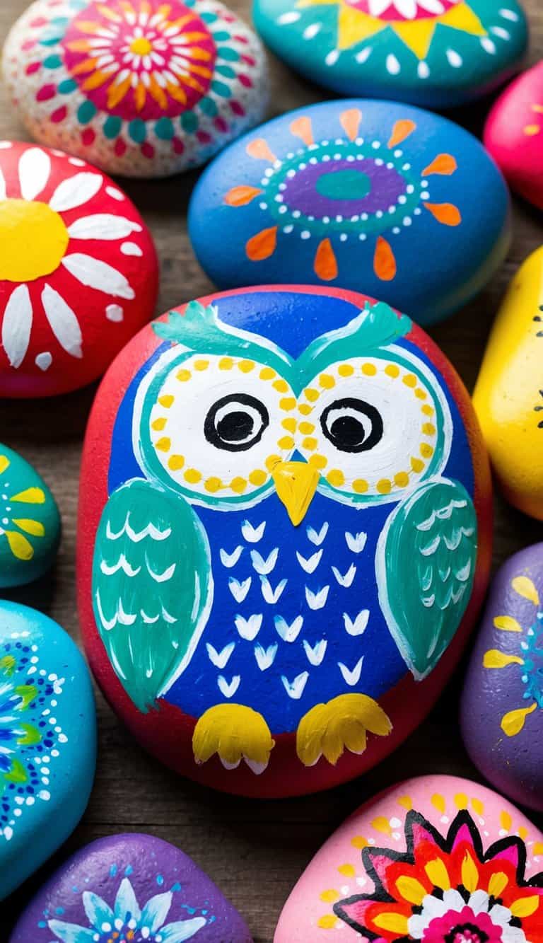 An owl painted pebble nestled among other colorful rocks in a family craft project
