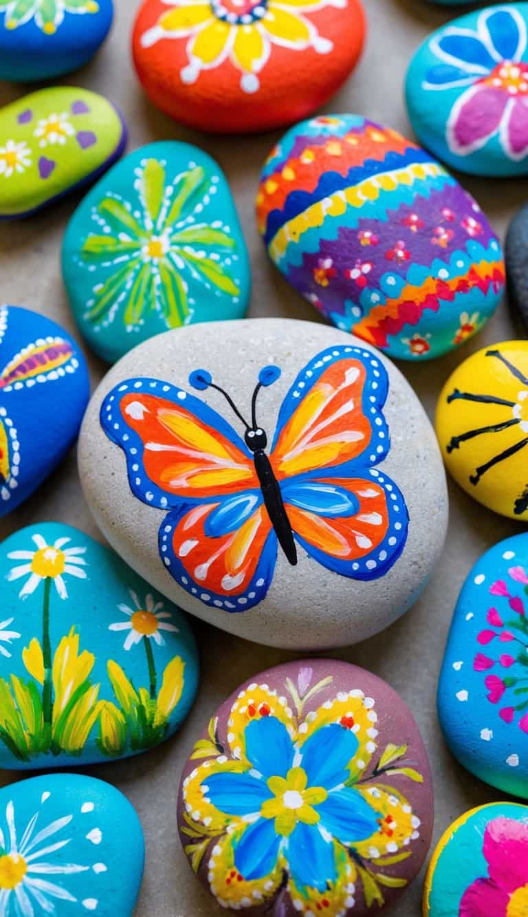 A colorful butterfly painted on a smooth rock, surrounded by other painted rocks in various designs