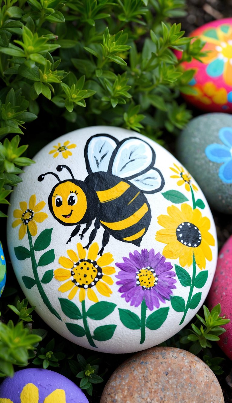 A bumblebee and flowers painted on a smooth garden rock, surrounded by greenery and other colorful rocks