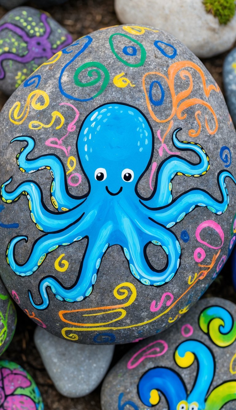 An octopus perched on a rocky surface, surrounded by colorful scribbles and playful designs