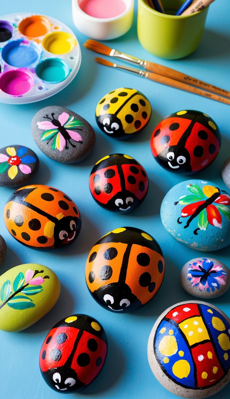 A family of ladybugs painted on smooth rocks, arranged on a table with paint brushes and colorful paint palettes nearby