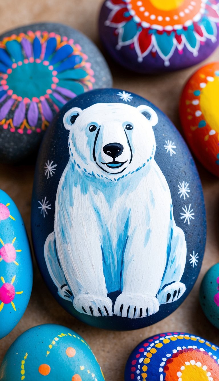 A polar bear painted on a smooth stone, surrounded by other colorful rocks