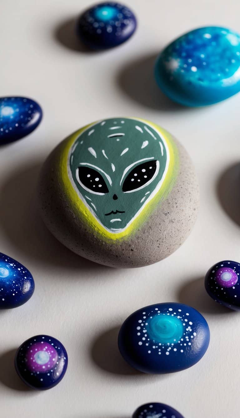 An alien rock glowing in the dark, surrounded by cosmic-themed painted rocks