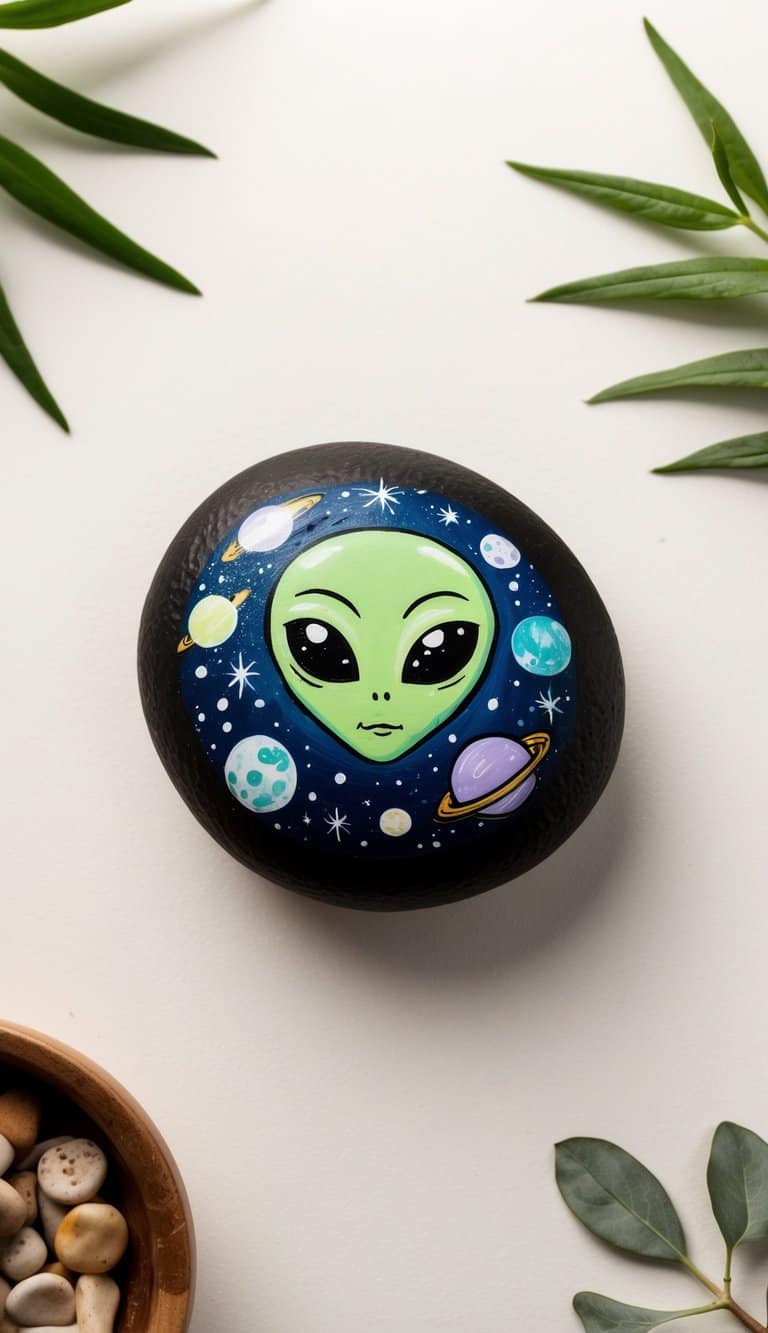 A cute alien face with big eyes surrounded by cosmic elements
