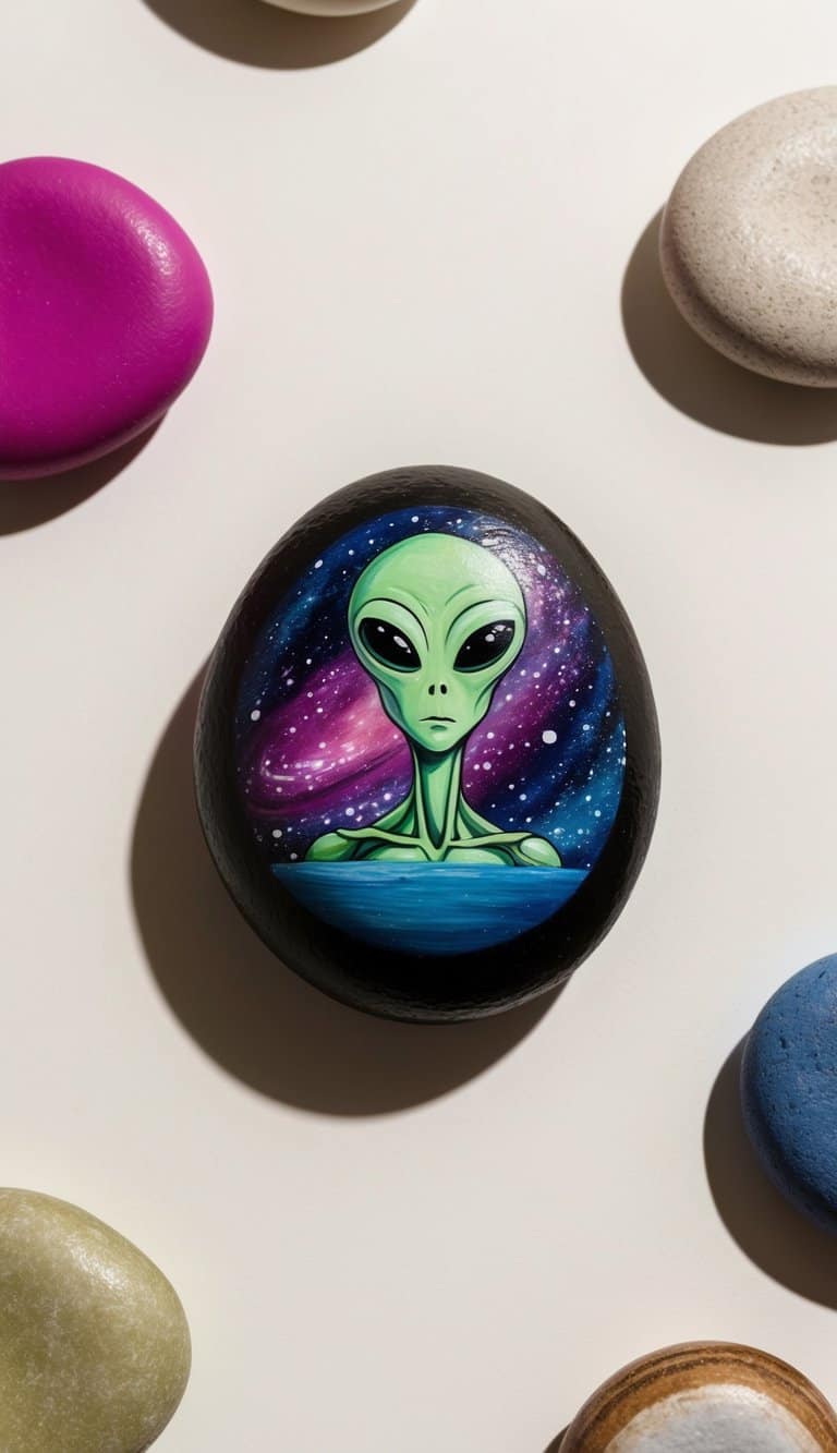 A surprised alien stares at a galaxy of colorful rocks