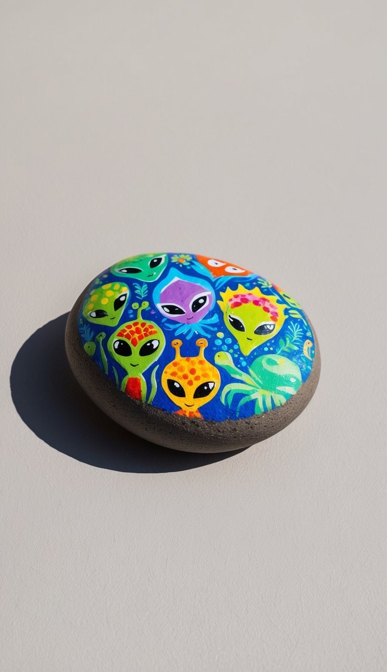 A vibrant mosaic of colorful alien creatures on a rocky surface, set against a cosmic backdrop