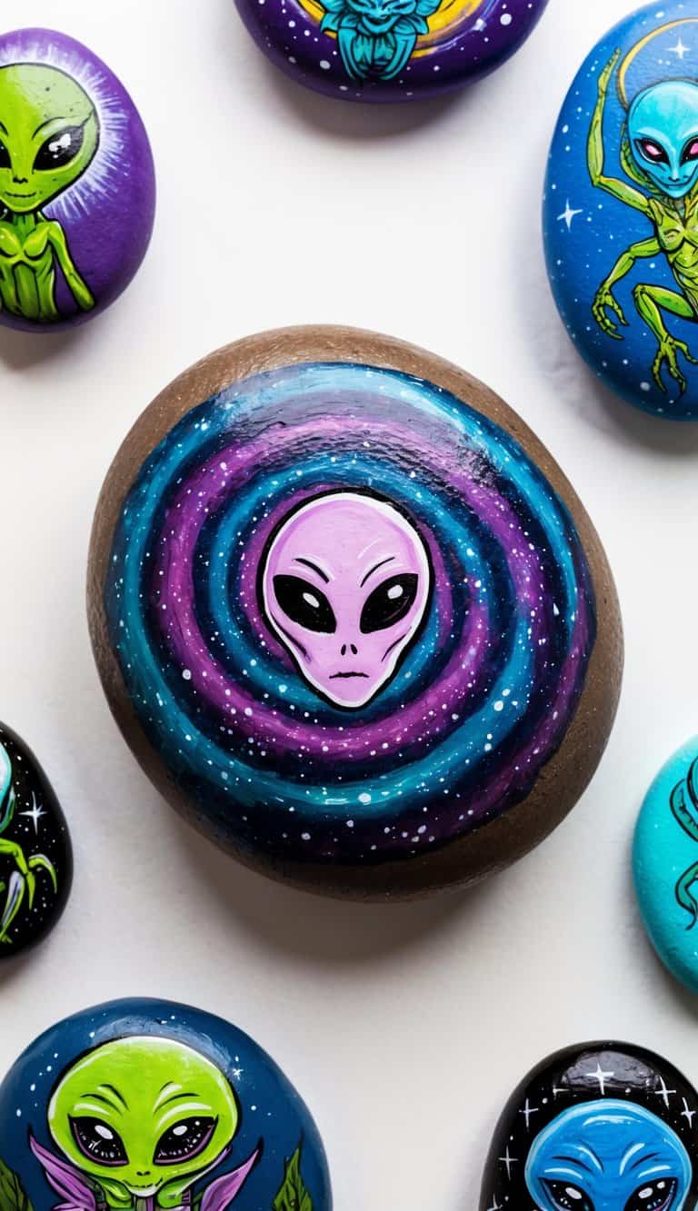 A spiral galaxy with an alien face at its center, surrounded by painted rocks depicting various alien creatures and cosmic scenes