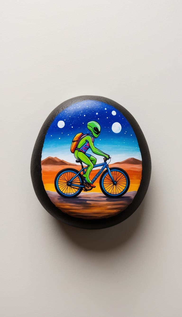 An alien rides a colorful bike through a cosmic landscape