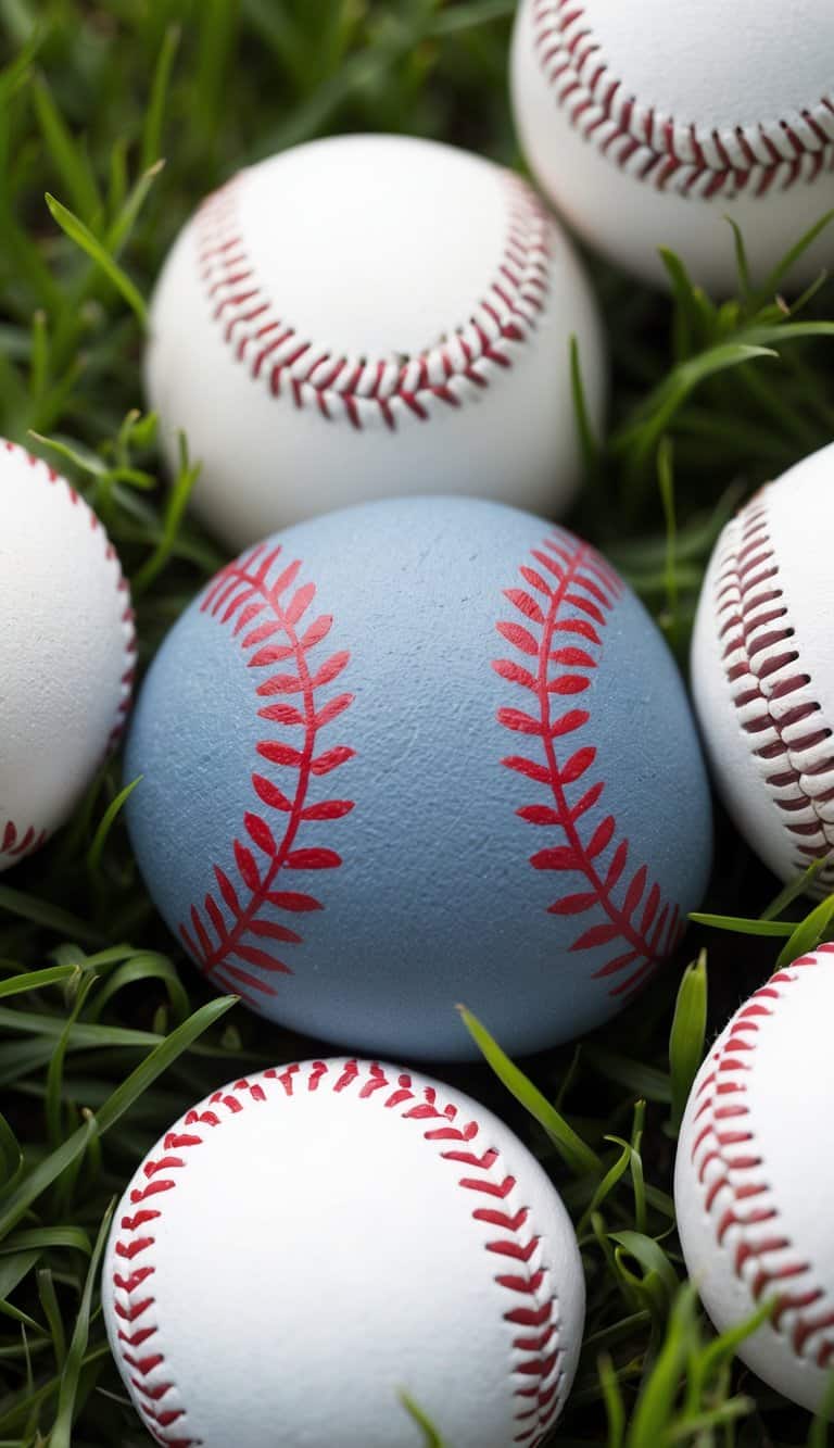 A baseball painted rock with classic stitch design, surrounded by baseball equipment and green grass