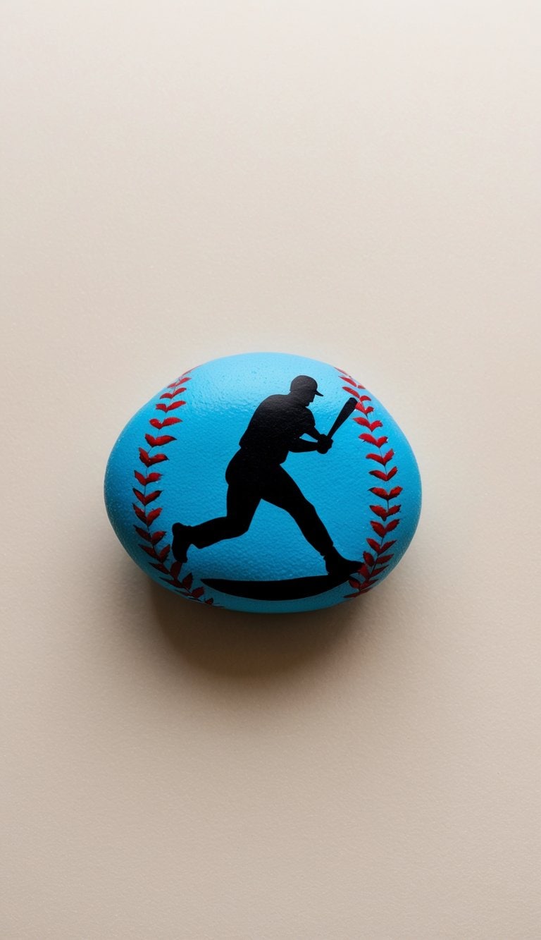 A baseball painted rock with player silhouette in action