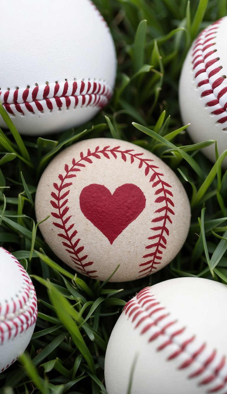 A baseball painted rock with a heart design, surrounded by baseball equipment and green grass