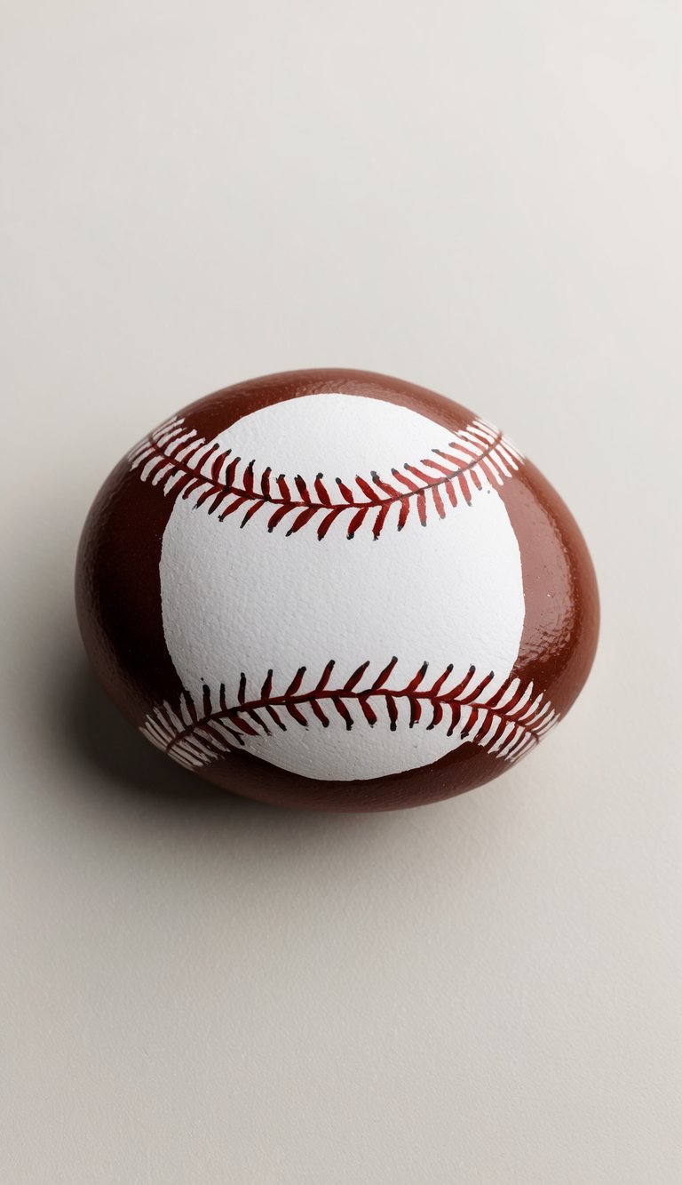 A baseball painted rock with classic cartoon baseball imagery