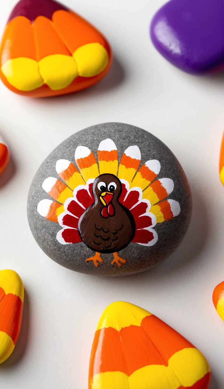 A turkey surrounded by candy corn painted rocks, with vibrant colors and various designs
