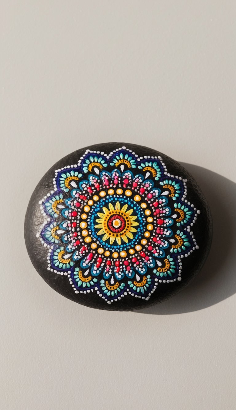 A colorful mandala rock design with intricate dot patterns