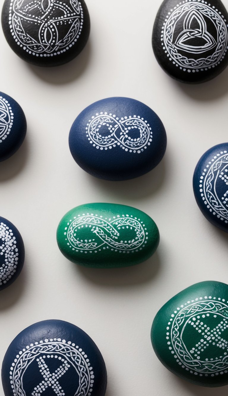 A collection of painted rocks arranged in intricate Celtic knotwork dot designs