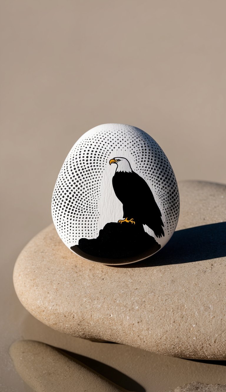 A majestic eagle silhouette perched on a rocky cliff, surrounded by mesmerizing dot patterns