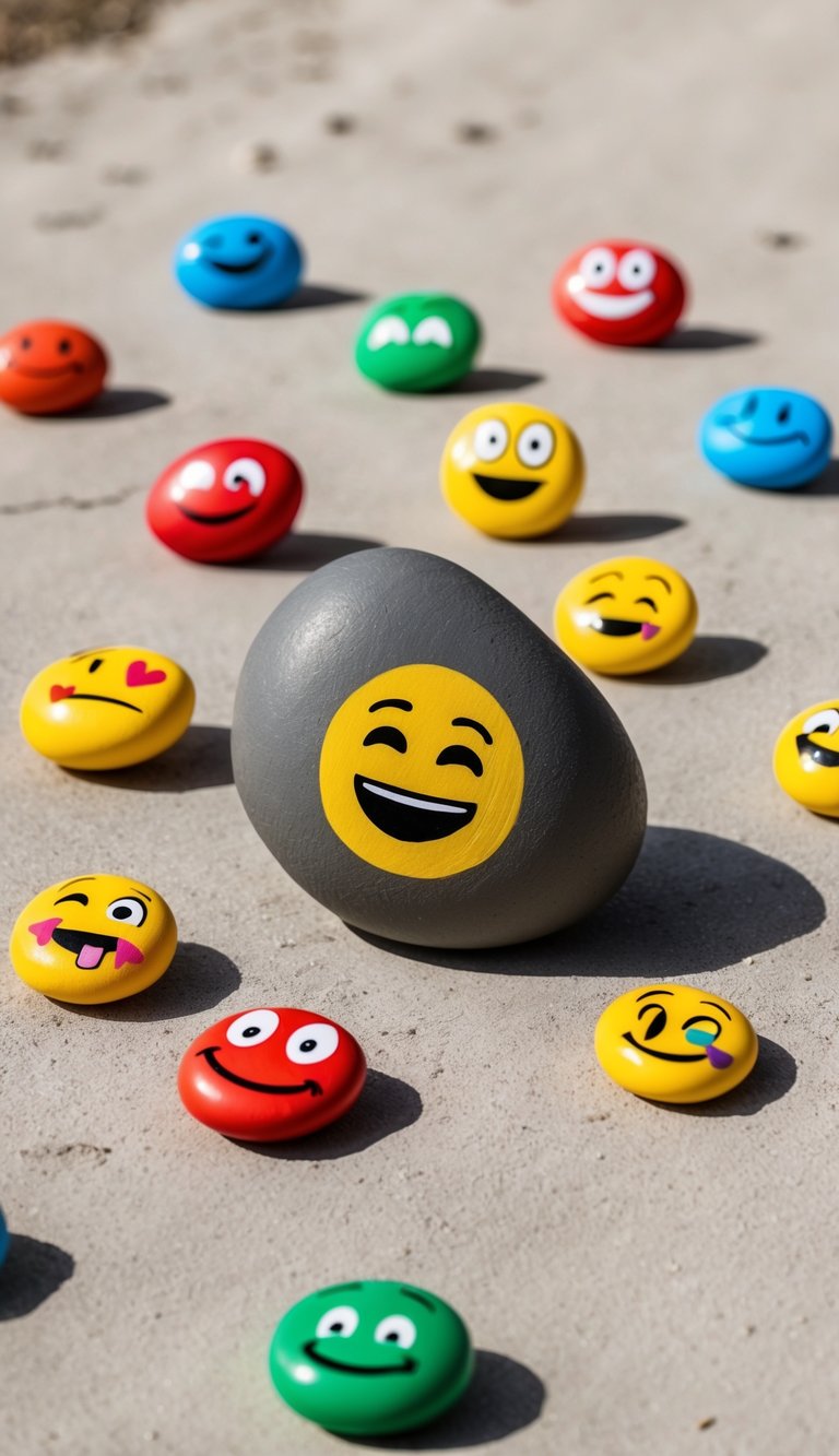 Colorful rocks with various hilarious emoji faces scattered on the ground