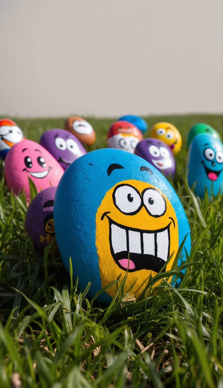 A group of colorful, funny painted rocks scattered across a grassy field, each with unique cartoon characters and humorous designs