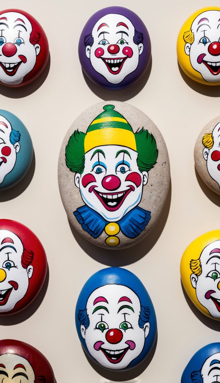 A group of colorful clown faces painted on rocks, each with a unique and comical expression, arranged in a playful and whimsical display