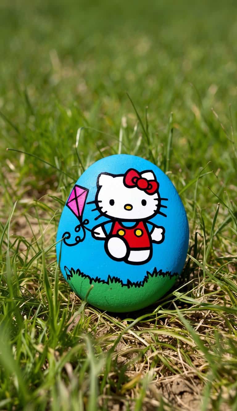 Hello Kitty flies a kite in a sunny, grassy field