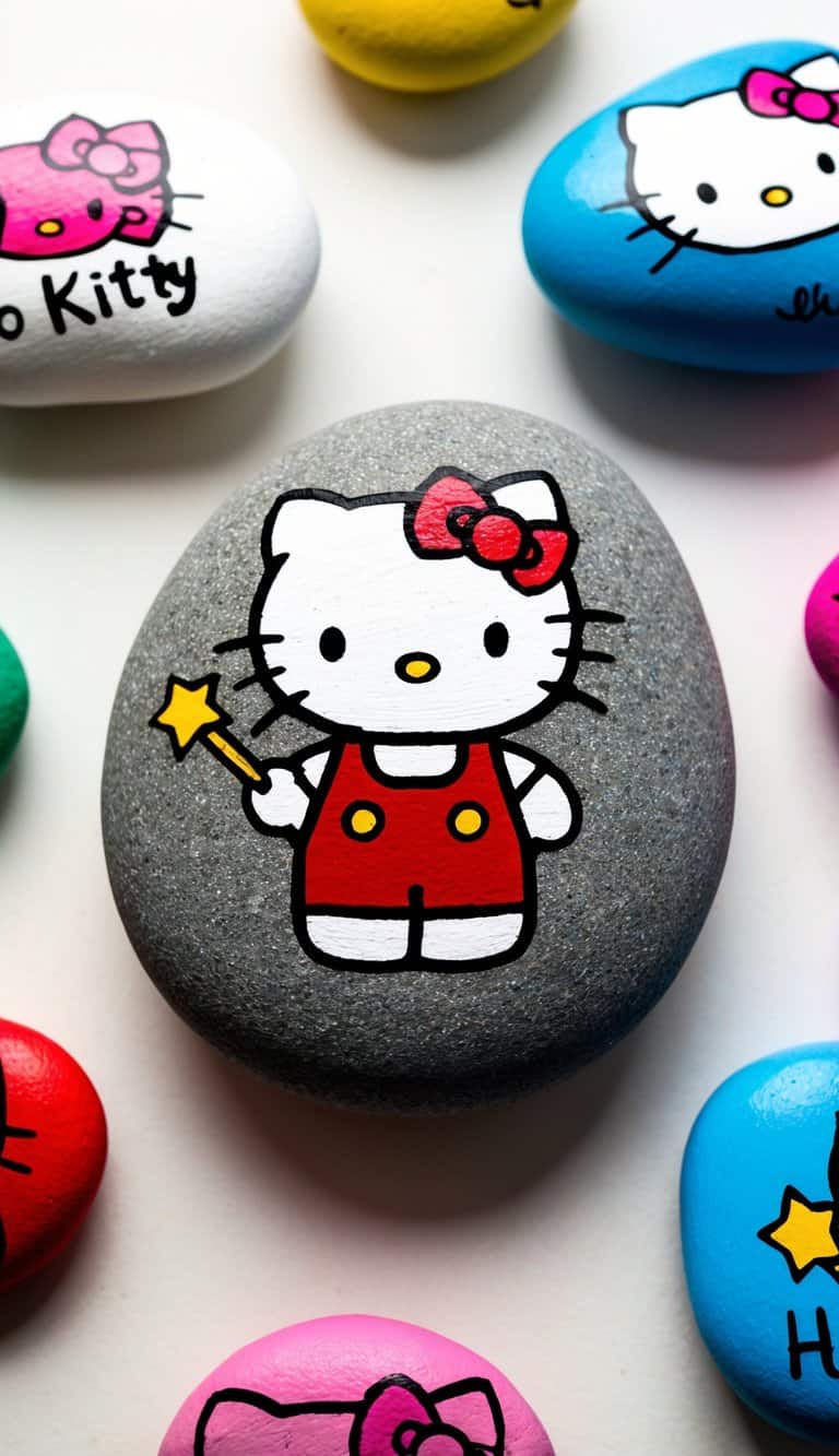 Hello Kitty holding a magic wand, surrounded by colorful painted rocks with Hello Kitty designs
